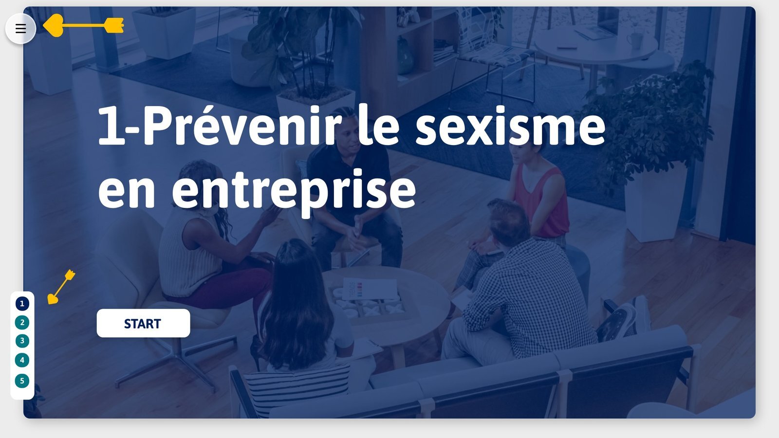 Écran d’accueil du module e-learning « Prévenir le sexisme en entreprise »