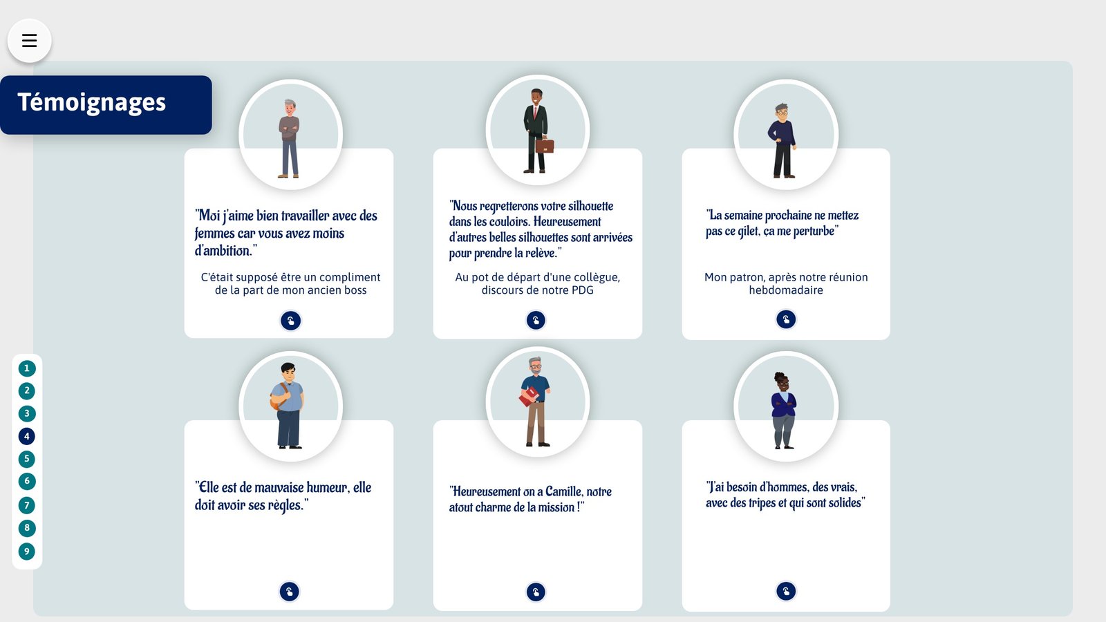 Écran du module : témoignages interactifs de sexisme ordinaire au travail