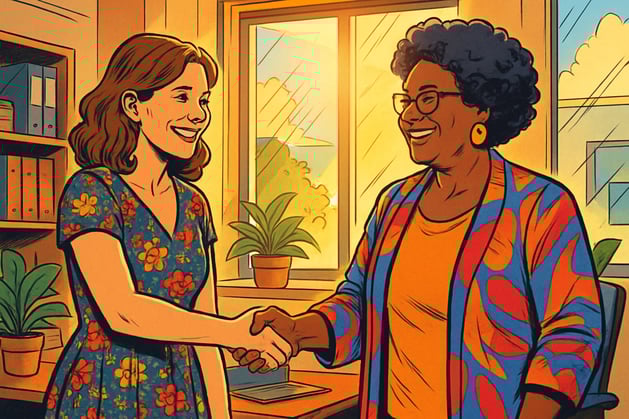 comicbook Dans un bureau lumineux et accueillant deux femmes lune la peau claire et lautre la peau fonce changent une poigne de main chaleureuse leu