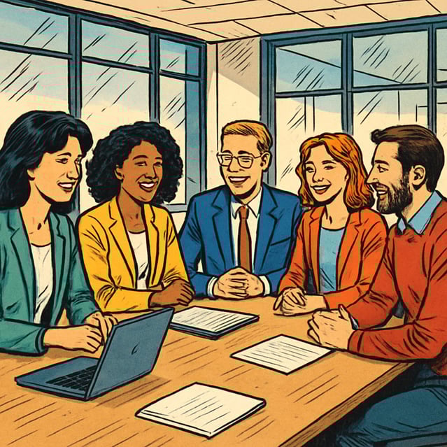 comicbook Dans une salle de confrence moderne trois femmes et deux hommes se runissent autour dune table en bois clair tous souriant chaleureusement L