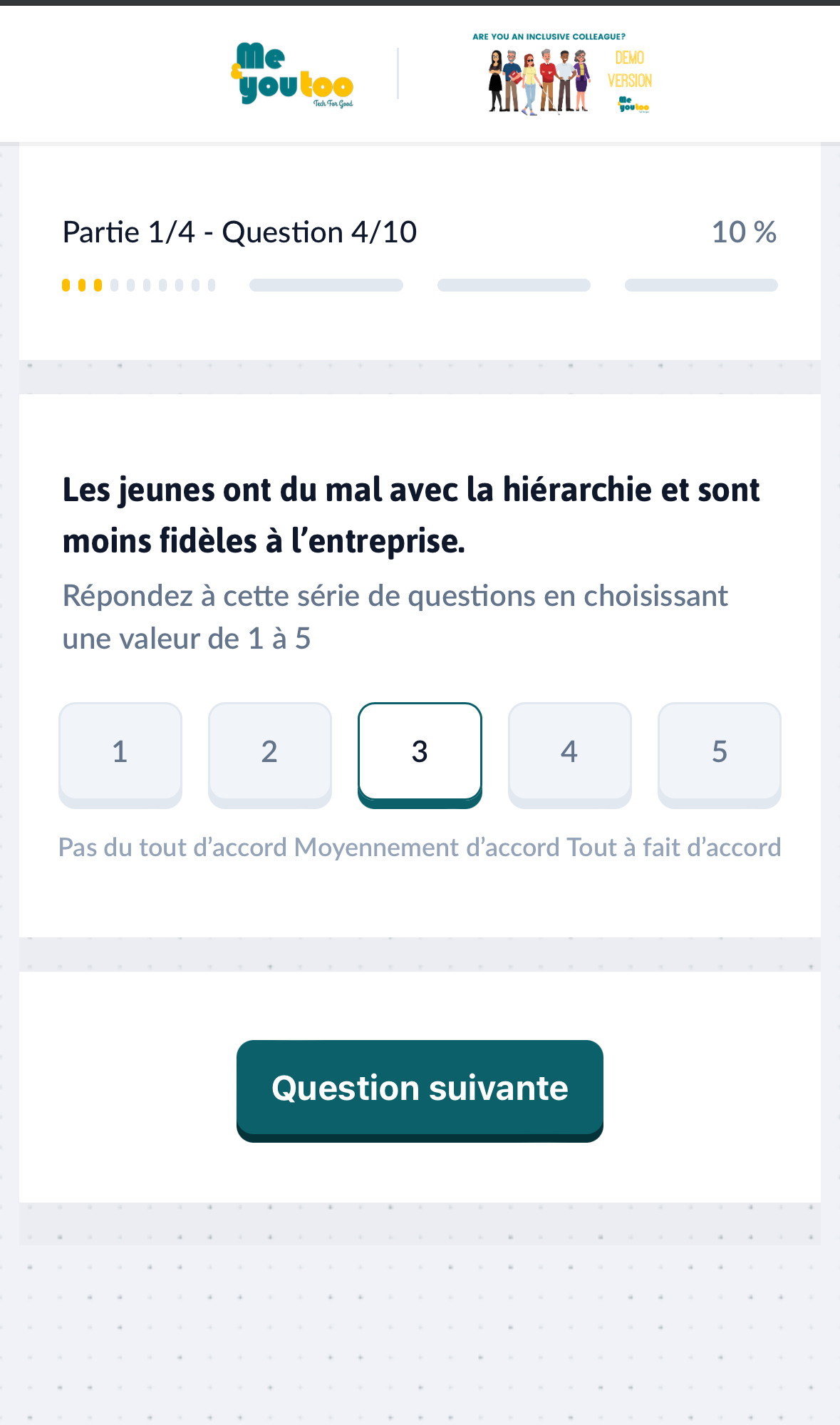 Écran de question d’un autodiagnostic Me&YouToo sur mobile